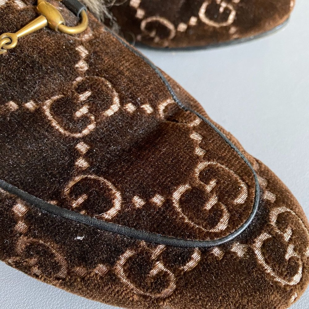 Gucci Brown Velvet Embossed Princeton Mules - Picture 4 of 5